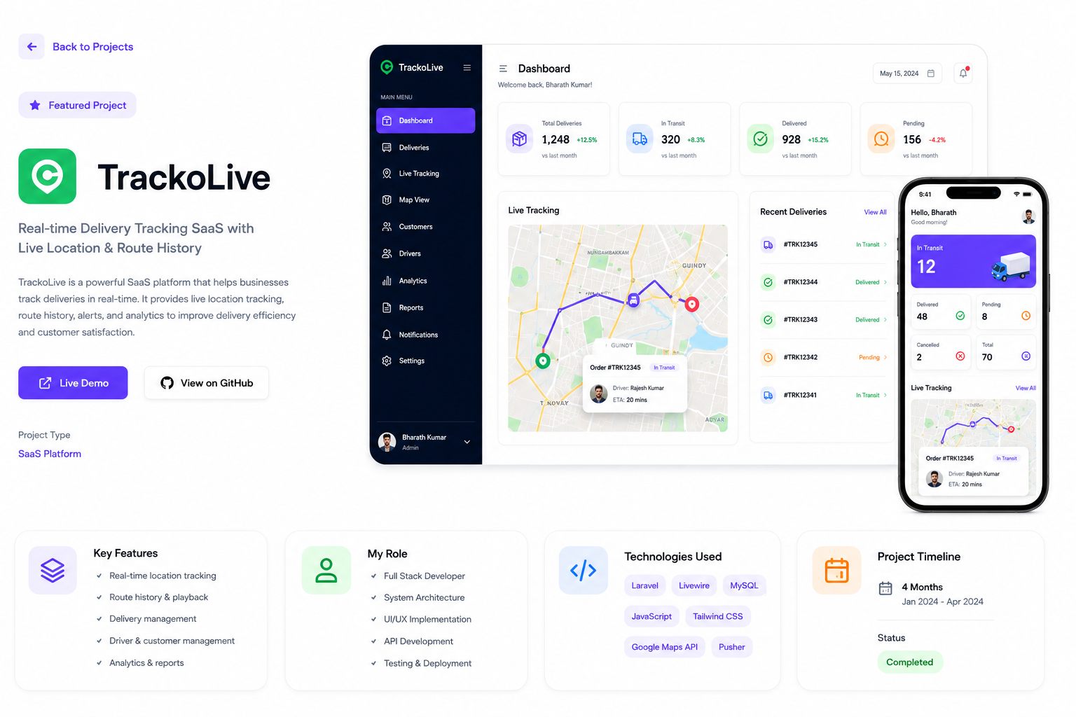 TrackoLive delivery tracking SaaS dashboard UI